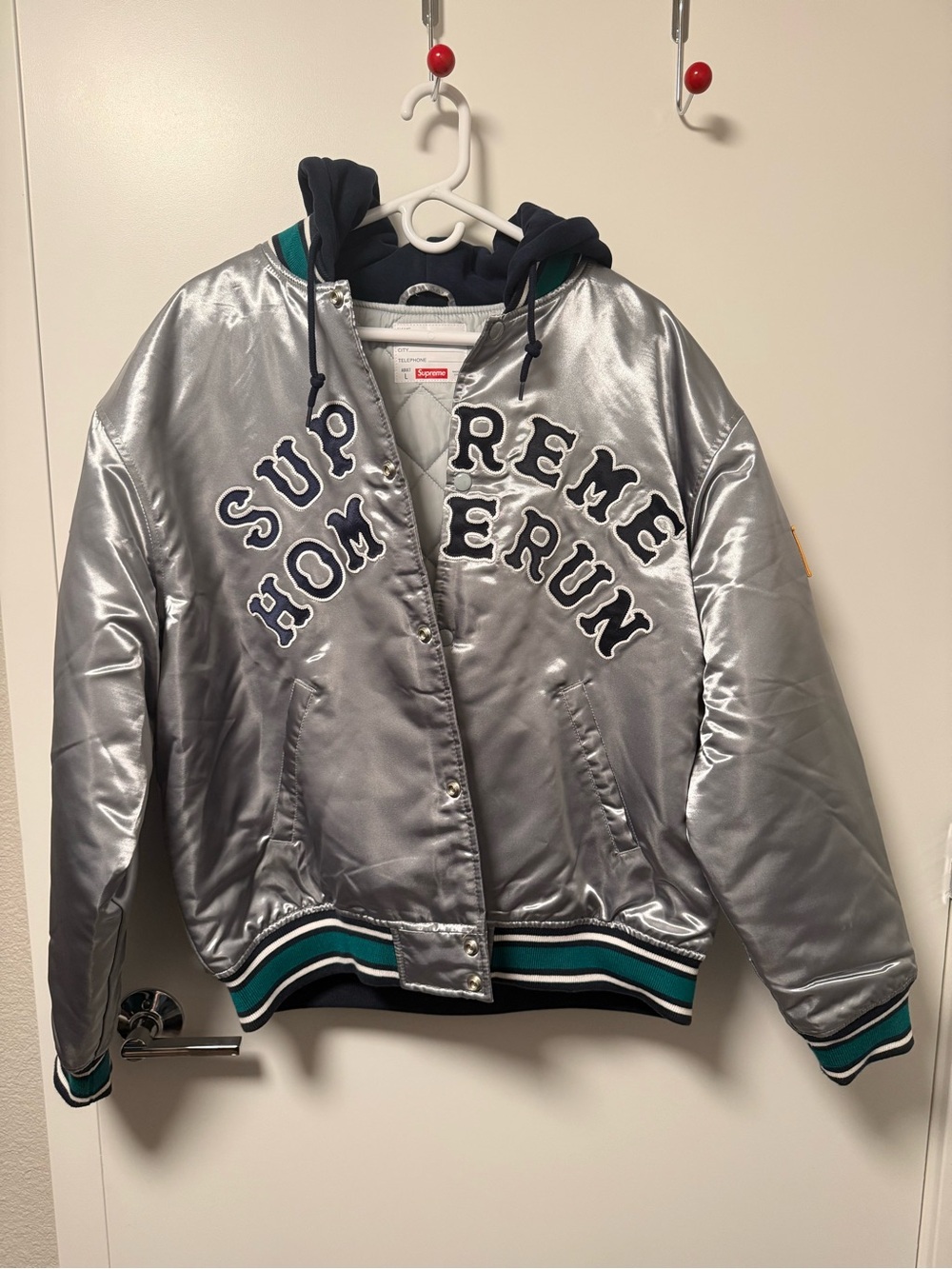 Supreme Silver Satin Varsity Jacket with Navy Hood & Teal Trim